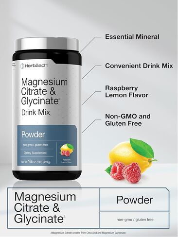 Horbaach Magnesium Citrate & Glycinate | 325 mg | 16 oz | Raspberry Lemon Flavored Drink Mix | Vegan, Non-GMO and Gluten Free in Saudi Arabia