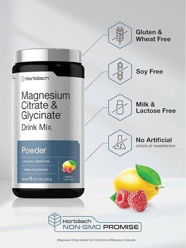 Horbaach Magnesium Citrate & Glycinate | 325 mg | 16 oz | Raspberry Lemon Flavored Drink Mix | Vegan, Non-GMO and Gluten Free in Saudi Arabia
