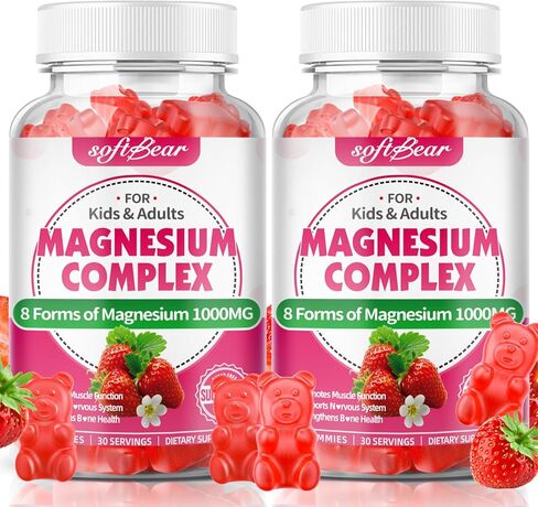 علكات مركب المغنيسيوم سوفت بير للنساء والرجال والأطفال، مكمل مركب المغنيسيوم 8 في 1 1000 ملجم - جليسينات المغنيسيوم، السيترات، المالات يدعم الهدوء، Zzz، تشنج العضلات، نكهة الفراولة 60 قطعة in Kuwait