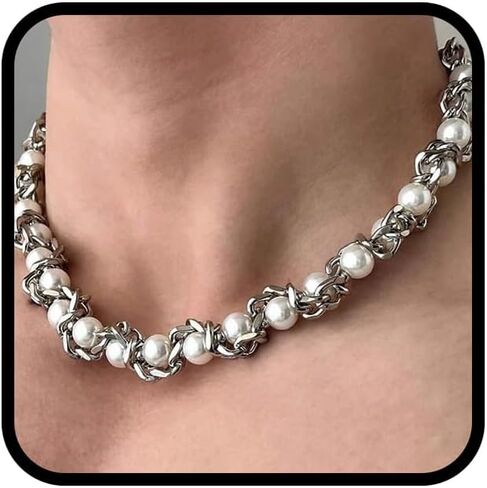 Choker Necklace For Women, Silver Chunky Pearls Goth Vintage Snake Chain Necklace Dainty Statement Non Tarnish Waterproof Stainless Steel Anniversary Holiday Jewelry Gift in Saudi Arabia