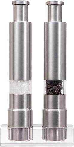 Salt and Pepper Grinder Set, Pump & Grind Peppermill, 2 Refillable Stainless Steel Mills with Thumb Press, One-Handed Salt and Pepper Grinder with Clear Acrylic Stand for Kitchen and Dining in Saudi Arabia