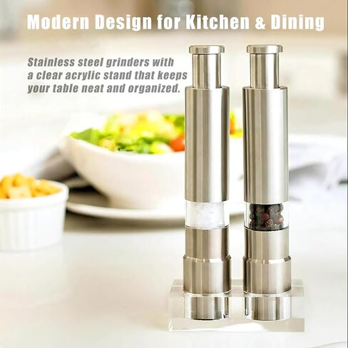 Salt and Pepper Grinder Set, Pump & Grind Peppermill, 2 Refillable Stainless Steel Mills with Thumb Press, One-Handed Salt and Pepper Grinder with Clear Acrylic Stand for Kitchen and Dining in Saudi Arabia