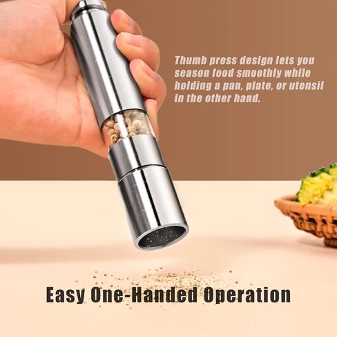 Salt and Pepper Grinder Set, Pump & Grind Peppermill, 2 Refillable Stainless Steel Mills with Thumb Press, One-Handed Salt and Pepper Grinder with Clear Acrylic Stand for Kitchen and Dining in Saudi Arabia