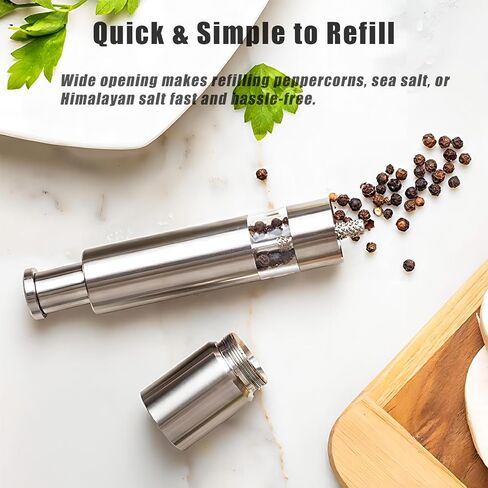 Salt and Pepper Grinder Set, Pump & Grind Peppermill, 2 Refillable Stainless Steel Mills with Thumb Press, One-Handed Salt and Pepper Grinder with Clear Acrylic Stand for Kitchen and Dining in Saudi Arabia