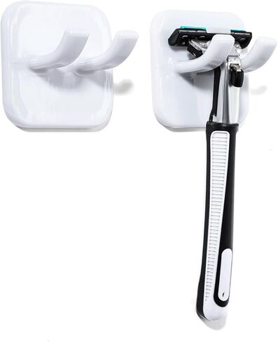 Razor Holder, Shaver Hook Hanger Stand 2 Pack, Waterproof Utility Storage Hooks, Wall Mounted Self-Adhesive Double Hooks for Razor, Loofah, Towel, Shaver, Coat, Key,Easy to Install - White in Saudi Arabia