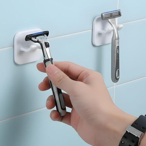 Razor Holder, Shaver Hook Hanger Stand 2 Pack, Waterproof Utility Storage Hooks, Wall Mounted Self-Adhesive Double Hooks for Razor, Loofah, Towel, Shaver, Coat, Key,Easy to Install - White in Saudi Arabia