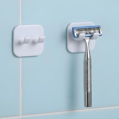 Razor Holder, Shaver Hook Hanger Stand 2 Pack, Waterproof Utility Storage Hooks, Wall Mounted Self-Adhesive Double Hooks for Razor, Loofah, Towel, Shaver, Coat, Key,Easy to Install - White in Saudi Arabia