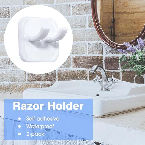Razor Holder, Shaver Hook Hanger Stand 2 Pack, Waterproof Utility Storage Hooks, Wall Mounted Self-Adhesive Double Hooks for Razor, Loofah, Towel, Shaver, Coat, Key,Easy to Install - White in Saudi Arabia