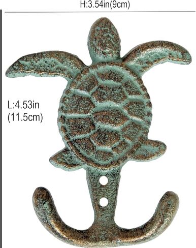 خطافات من الحديد الزهر خطاف مزدوج من الحديد الزهر على شكل سلحفاة بحرية برونزية مع زنجار أخضر هدية رائعة مقاس 3.5 بوصة عرض × 4.5 بوصة ارتفاع (1) in Kuwait