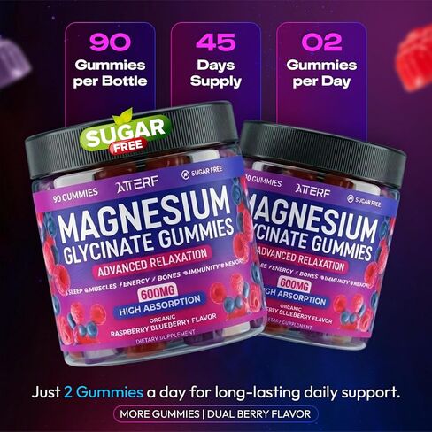 Magnesium Glycinate Gummies 600mg, [2-in-1 Dual Flavor Mix] - Sugar-Free, High Absorption Magnesium Supplement for Adults, Muscle Support and Relaxation, Vegan & Non-GMO in Saudi Arabia