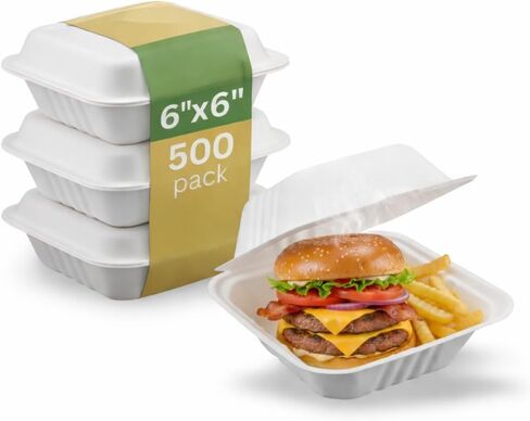 6" x 6" Bagasse Hinged Containers | 125 Pack – PFAS-Free White Compostable Clamshell Takeout Boxes in Saudi Arabia