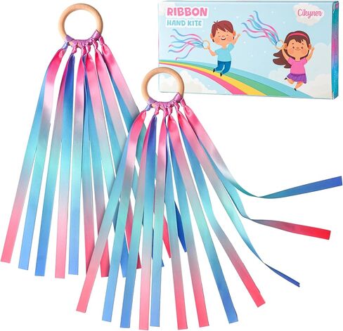 Cikyner Ribbon Hand Kites for Kids, 2 Pcs Premium Colorful Ribbon Waldorf Toys Creative Dancer Streamer String Toy with Beech Wood Ring Sensory Learning Educational Toy for Playroom Dancing Birthday in Kuwait