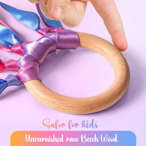 Cikyner Ribbon Hand Kites for Kids, 2 Pcs Premium Colorful Ribbon Waldorf Toys Creative Dancer Streamer String Toy with Beech Wood Ring Sensory Learning Educational Toy for Playroom Dancing Birthday in Kuwait