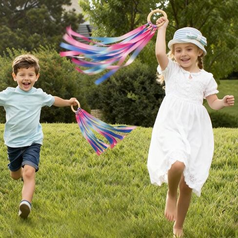 Cikyner Ribbon Hand Kites for Kids, 2 Pcs Premium Colorful Ribbon Waldorf Toys Creative Dancer Streamer String Toy with Beech Wood Ring Sensory Learning Educational Toy for Playroom Dancing Birthday in Kuwait