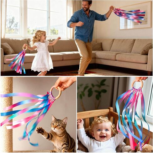Cikyner Ribbon Hand Kites for Kids, 2 Pcs Premium Colorful Ribbon Waldorf Toys Creative Dancer Streamer String Toy with Beech Wood Ring Sensory Learning Educational Toy for Playroom Dancing Birthday in Kuwait