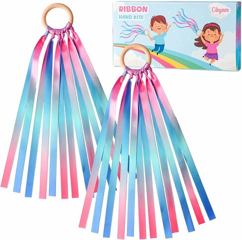 Cikyner Ribbon Hand Kites for Kids, 2 Pcs Premium Colorful Ribbon Waldorf Toys Creative Dancer Streamer String Toy with Beech Wood Ring Sensory Learning Educational Toy for Playroom Dancing Birthday in Kuwait