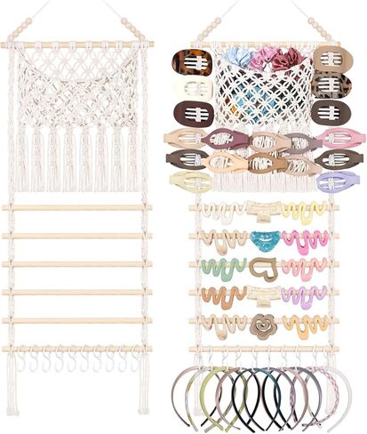 منظم مشبك مخلب الشعر من SNOWSTAR Macrame، حامل شبكي ذو سعة كبيرة وحامل ربطات الشعر ومنظم ربطات الشعر للنساء والفتيات، إكسسوارات الشعر المعلقة لتخزين ديكور المنزل والباب in Kuwait