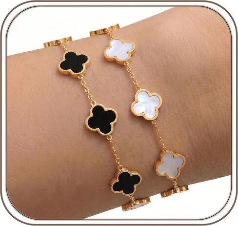 18k Gold Plated Classic Black and White Clover Bracelets, Set of 2, Classic Dainty Four-Leaf Clover Lucky Charm Bracelets, Trendy Jewelry Gifts in Saudi Arabia