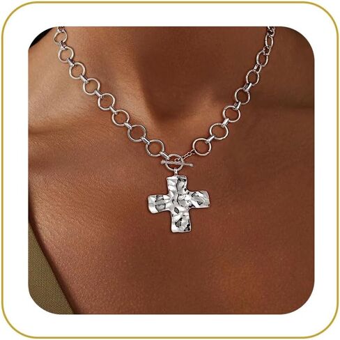 Cross Necklace for Women - Dainty 14K Gold Plated Chunky Cross Pendant Necklaces Trendy Toggle Clasp Choker Chain Religious Charm Jewelry in Kuwait