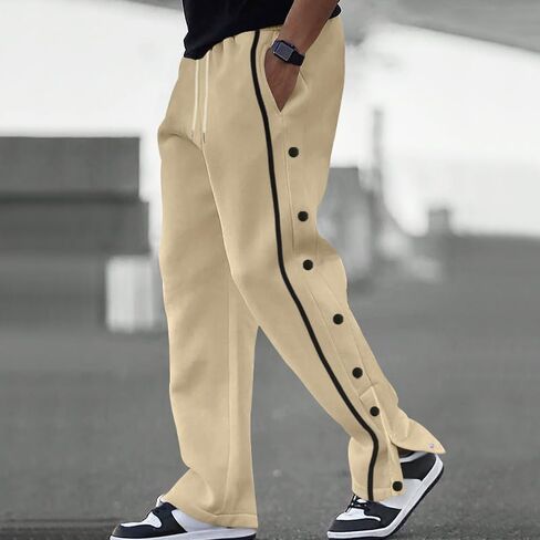 Men’s Side Snap Button Track Pants Loose Fit Straight Leg Sweatpants with Drawstring Waist and Functional Side Pockets in Saudi Arabia