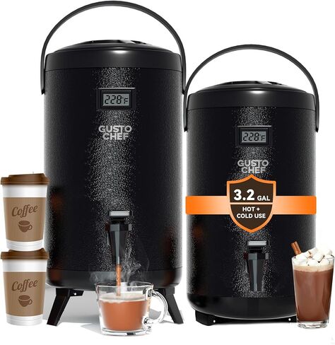 Insulated Beverage Dispenser - Thermal Hot and Cold Tea Dispenser -12L/3.2Gal Stainless Steel with Spigot for Tea, Coffee, Milk, Water & Juice (Black) 2 Pack in Saudi Arabia