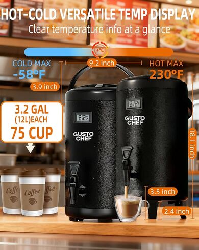 Insulated Beverage Dispenser - Thermal Hot and Cold Tea Dispenser -12L/3.2Gal Stainless Steel with Spigot for Tea, Coffee, Milk, Water & Juice (Black) 2 Pack in Saudi Arabia