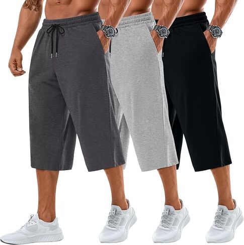 Neer 3 Pack Men's Baggy Capri Pants Plus Size Below Knee Casual 3/4 Shorts Big and Tall Summer Drawstring Pants with Pockets in Saudi Arabia