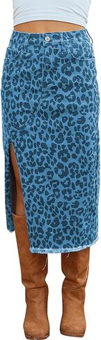 yoeasy Womens Casual Midi Denim Skirt Leopard Print High Waist Frayed Split Distressed Button Cheetah Jean Skirt in Saudi Arabia