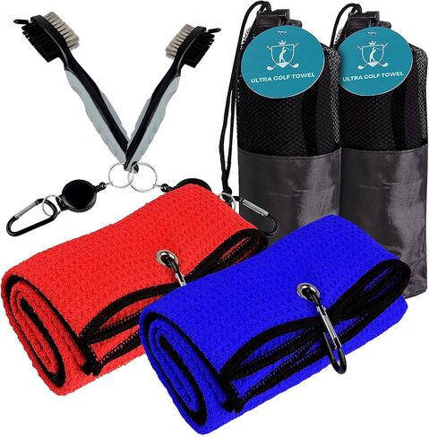 Blue Horizon Golf Towel and Brush Kit 2-Pack – Microfiber Towels with Carabiner Clip + Club Groove Cleaner Tool – Golf Accessories for Cleaning Clubs and Balls (Black and Grey) in Saudi Arabia