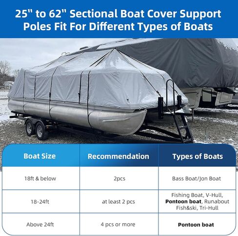 Boat Cover Support Poles System Heavy Duty 2 Pcs, 25"to 62" Sectional Adjustable Steel Boat Tarp Support Poles with Cross Base & Webbing Strap for Jon, V-Hull, & Pontoon Boats in Kuwait