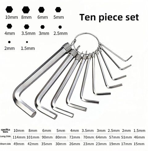 مجموعة مفاتيح سداسية مترية مكونة من 10 قطع - فولاذ Cr-V بدرجة احترافية، مقاوم للصدأ، تصميم حلقة مفاتيح | يناسب الدراجة والأثاث وإصلاح السيارات | 1.5-10 ملم (1.5،2،2.5،3،3.5،4،5،6،8،10 ملم) in Kuwait