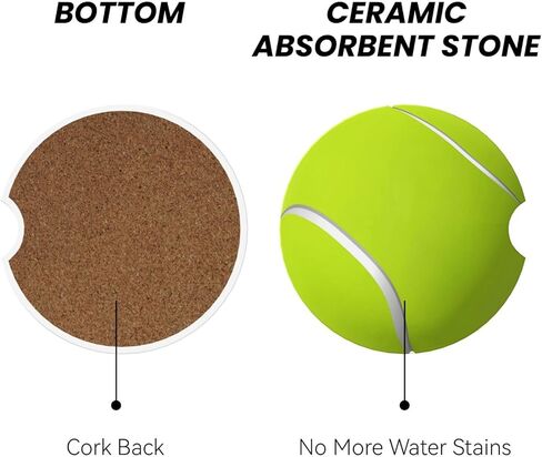 Tennis Ball Green Sport Lover Car Coasters for Cup Holder, 2 Pack Absorbent Ceramic Car Coaster with Finger Notch & Cork Base in Saudi Arabia