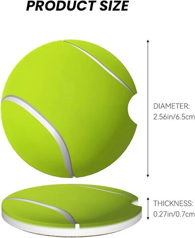 Tennis Ball Green Sport Lover Car Coasters for Cup Holder, 2 Pack Absorbent Ceramic Car Coaster with Finger Notch & Cork Base in Saudi Arabia