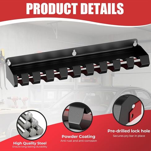 حامل قضيب رفع مع 10 فتحات، منظم أدوات قابل للتثبيت على الحائط لقضبان الرفع أو قضبان التمديد، رف تخزين أدوات شريط الرفع لورشة العمل، السقيفة، المرآب، المنزل in Kuwait