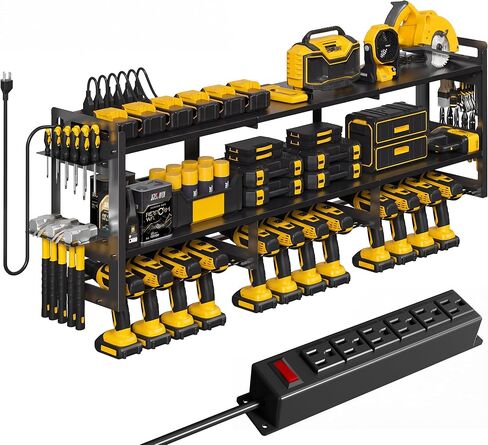 TOPRINCE 56.7" W Large Power Tool Organizer Wall Mount with Charging Station, 3-Tier Heavy Duty Metal Tool Rack with 12 Drill Holders and 6FT Power Strip, Garage Workshop Storage.Red in Saudi Arabia