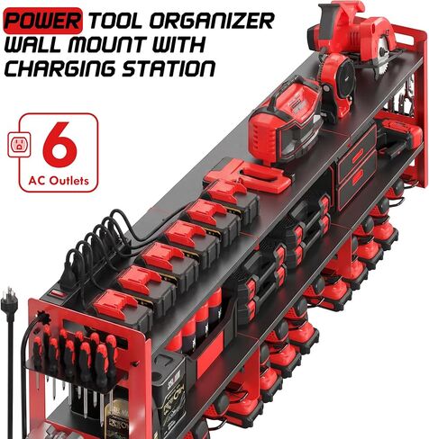 TOPRINCE 56.7" W Large Power Tool Organizer Wall Mount with Charging Station, 3-Tier Heavy Duty Metal Tool Rack with 12 Drill Holders and 6FT Power Strip, Garage Workshop Storage.Red in Saudi Arabia