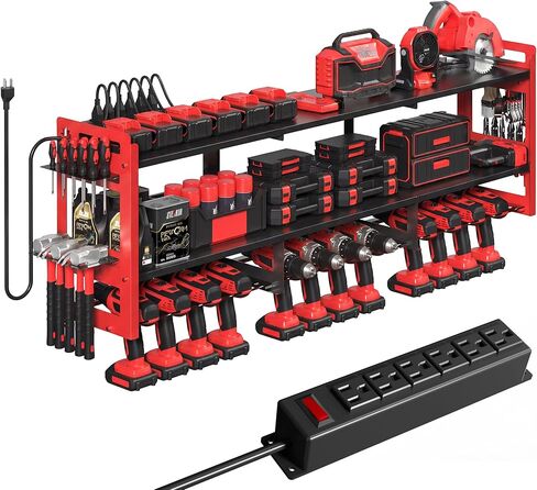 TOPRINCE 56.7" W Large Power Tool Organizer Wall Mount with Charging Station, 3-Tier Heavy Duty Metal Tool Rack with 12 Drill Holders and 6FT Power Strip, Garage Workshop Storage.Red in Saudi Arabia