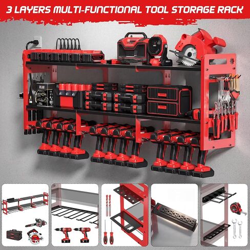 TOPRINCE 56.7" W Large Power Tool Organizer Wall Mount with Charging Station, 3-Tier Heavy Duty Metal Tool Rack with 12 Drill Holders and 6FT Power Strip, Garage Workshop Storage.Red in Saudi Arabia