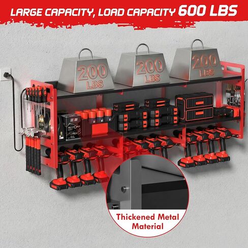 TOPRINCE 56.7" W Large Power Tool Organizer Wall Mount with Charging Station, 3-Tier Heavy Duty Metal Tool Rack with 12 Drill Holders and 6FT Power Strip, Garage Workshop Storage.Red in Saudi Arabia