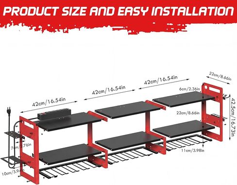 TOPRINCE 56.7" W Large Power Tool Organizer Wall Mount with Charging Station, 3-Tier Heavy Duty Metal Tool Rack with 12 Drill Holders and 6FT Power Strip, Garage Workshop Storage.Red in Saudi Arabia