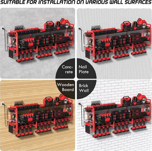 TOPRINCE 56.7" W Large Power Tool Organizer Wall Mount with Charging Station, 3-Tier Heavy Duty Metal Tool Rack with 12 Drill Holders and 6FT Power Strip, Garage Workshop Storage.Red in Saudi Arabia