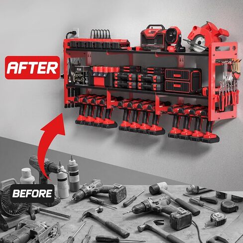 TOPRINCE 56.7" W Large Power Tool Organizer Wall Mount with Charging Station, 3-Tier Heavy Duty Metal Tool Rack with 12 Drill Holders and 6FT Power Strip, Garage Workshop Storage.Red in Saudi Arabia