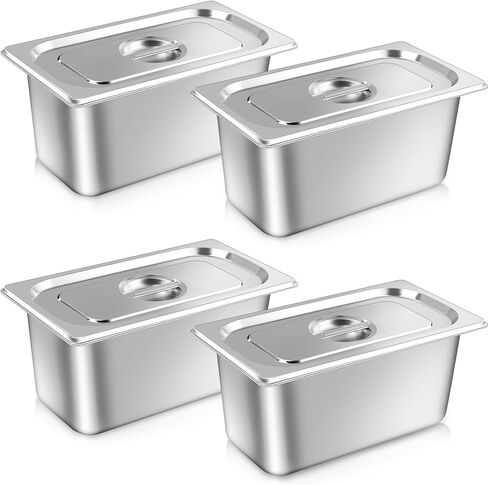 4 Pack Hotel Pans with lids, 1/3 Size x 6 Inch Deep Steam Table Pan, Stainless Steel Steam Table Pans, Anti Rust Catering Storage Food Pan for Home Hotel Party Restaurant Buffet in Saudi Arabia