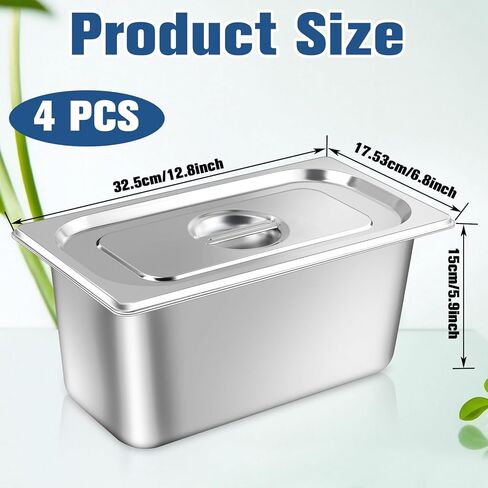 4 Pack Hotel Pans with lids, 1/3 Size x 6 Inch Deep Steam Table Pan, Stainless Steel Steam Table Pans, Anti Rust Catering Storage Food Pan for Home Hotel Party Restaurant Buffet in Saudi Arabia
