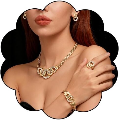 Gold Rhinestone Jewelry Set for Women Chunky Gold Rhinestone Necklace Bracelet Earrings Ring Bridal Wedding Jewelry Set in Kuwait