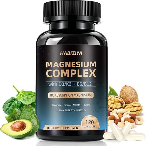 Magnesium Complex Supplement 600mg with with D3 K2 MK7 & B Vitamins High Absorption Capsules with Glycinate, Citrate & Malate,Taurate Relaxation,Muscle,Heart Support, Vegan 120 Capsules in Saudi Arabia