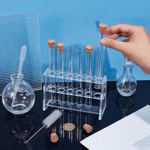 OLYCRAFT 6 قطع أنبوب اختبار زجاجي 20 مل مع سدادة الفلين 6 × 0.6 بوصة زجاجات أنابيب زجاجية شفافة مع 6 فتحات رف أكريليك لتخزين التجارب العلمية لنشر النباتات in Kuwait