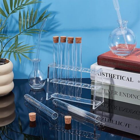 OLYCRAFT 6 قطع أنبوب اختبار زجاجي 20 مل مع سدادة الفلين 6 × 0.6 بوصة زجاجات أنابيب زجاجية شفافة مع 6 فتحات رف أكريليك لتخزين التجارب العلمية لنشر النباتات in Kuwait