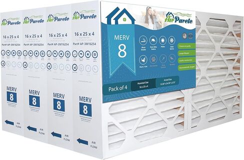 فلتر فرن AirPurete 16x25x4 (الحجم الفعلي: 15-1/2" x 24-1/2" x 3-3/4") | بديل لمرشحات هواء فرن HVAC المطوية | MERV 8 | حزمة من 4 in Kuwait