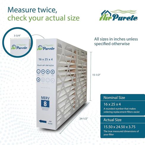 فلتر فرن AirPurete 16x25x4 (الحجم الفعلي: 15-1/2" x 24-1/2" x 3-3/4") | بديل لمرشحات هواء فرن HVAC المطوية | MERV 8 | حزمة من 4 in Kuwait